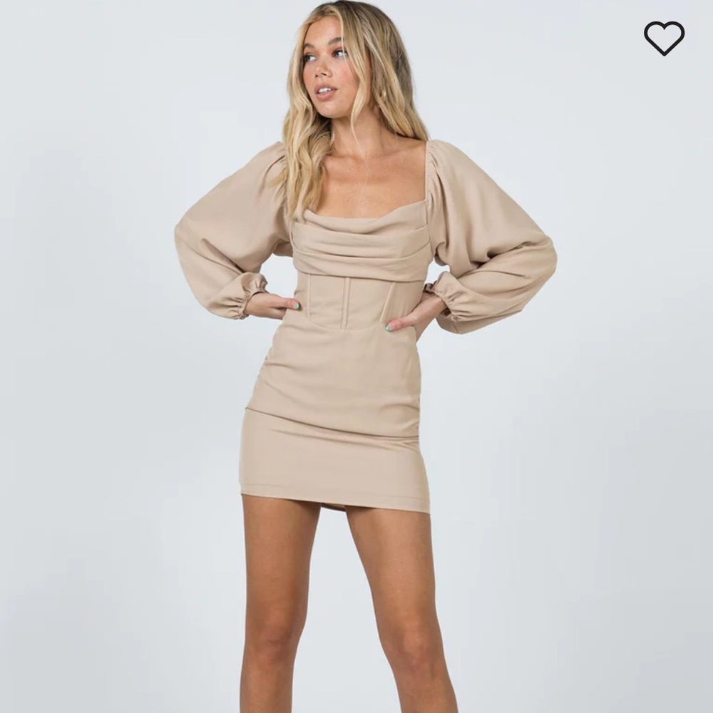Princess Polly Lillie Long Sleeve Mini Dress Beige